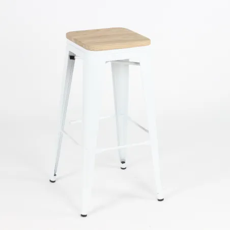 Comprar taburete Tolix blanco con asiento de madera