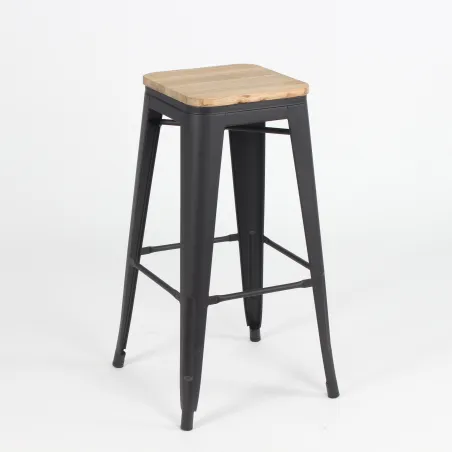 Taburete TOLIX negro mate y asiento madera
