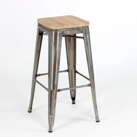 Taburete TOLIX metalizado y asiento madera. Apilables.