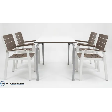 Conjunto ECO (1 Mesa VIVO y 4 Sillones MILOS blanco y marrón)