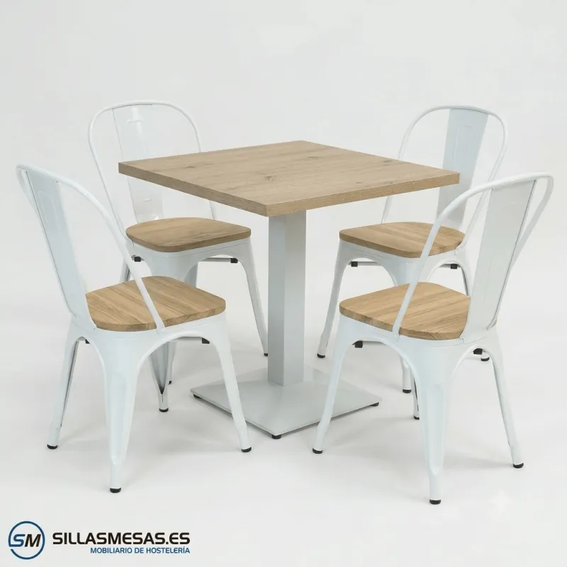 Conjunto 4 sillas TOLIX blanca ASIENTO MADERA y 1 mesa DANIELA INTERIOR pie blanco