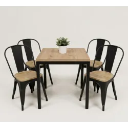 Conjunto 4 sillas Tolix asiento madera + mesa Soho