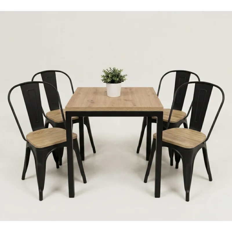 Conjunto 4 sillas Tolix asiento madera + mesa Soho