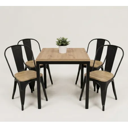 Conjunto 4 sillas Tolix asiento madera + mesa Soho
