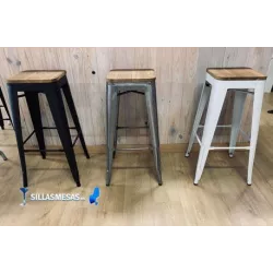 CONJUNTO 2 TABURETES TOLIX ASIENTO MADERA y 1 MESA ALTA NOEL - Ref CJ0002