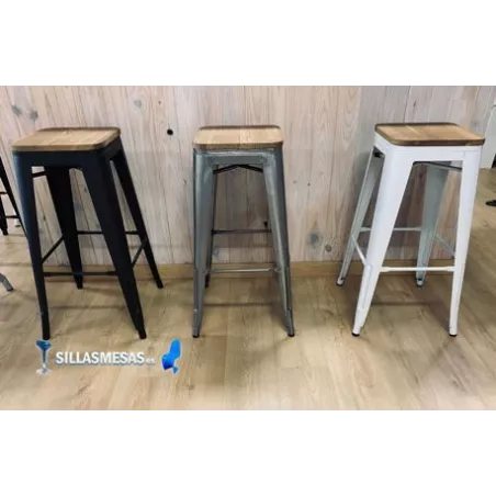 CONJUNTO 2 TABURETES TOLIX ASIENTO MADERA y 1 MESA ALTA NOEL - Ref CJ0002