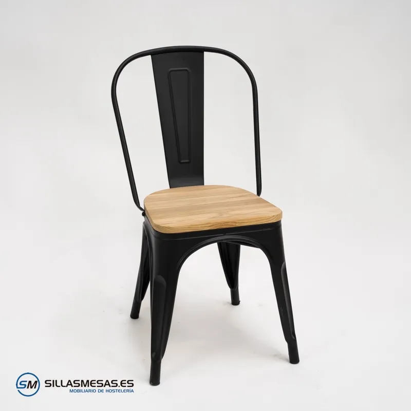 Comprar silla Tolix negro mate con asiento de madera
