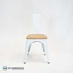 Silla Tolix blanca con asiento de madera natural