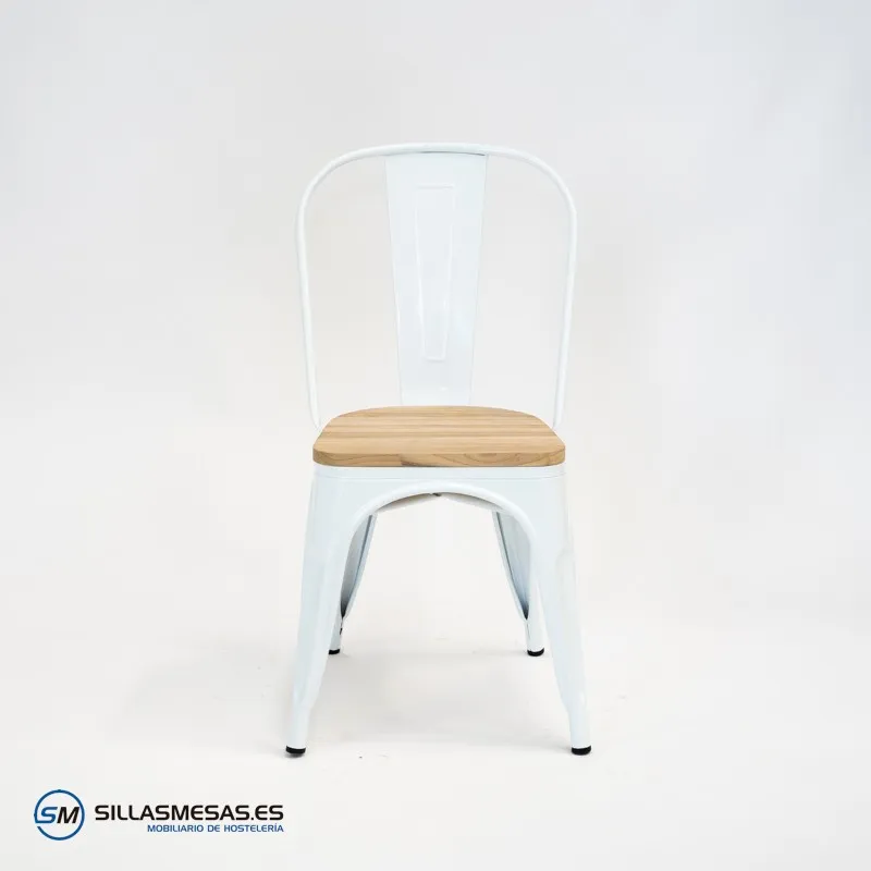 Silla Tolix blanca con asiento de madera natural