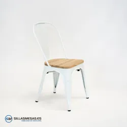 Silla Tolix blanca con asiento de madera natural